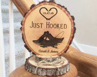 Rustic Fishing Wedding Cake Topper, Just Hooked Topper, Fish Hook Cake Topper, Custom Cake Topper, Wood Slice Topper, Cake Top, Rustic Decor