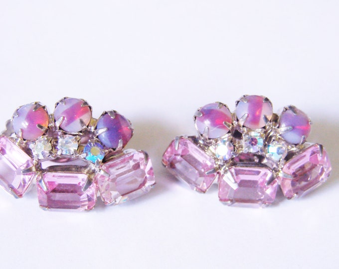Vintage Juliana Style Aurora Borealis Rhinestone Earrings / Art Glass / Pink Emerald Cut Stones / Jewelry / Jewellery