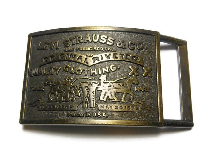 SALE Levi Strauss belt buckle, brass western belt buckle, showing original advertising for Levi's jeans