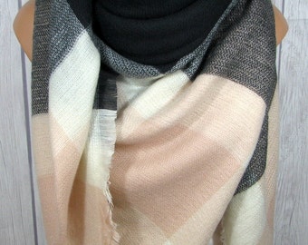July SALE Blanket Scarf in Light Pink, Black, Women's Zara Tartan Inspired, Oversized Large Winter Scarves