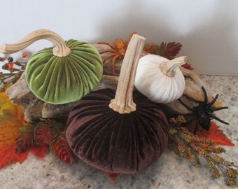 Autumn Trio of Velvet Pumpkins with natural stems