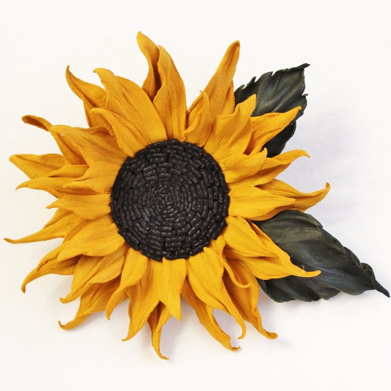 Leather anniversary sunflower jewelry by PresentPerfectStudio