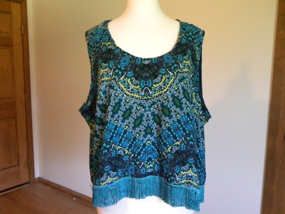 Teal Fringe Border Sleeveless Tank Top Casual Wear Beach Tank