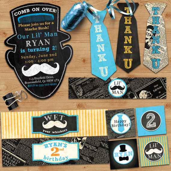 Little Man Mustache Bash Birthday Party Pack - Vintage Inspired - Blackboard, Newsprint - Customized - Chalkboard, Mustache - PREMIUM PACK Il_570xn