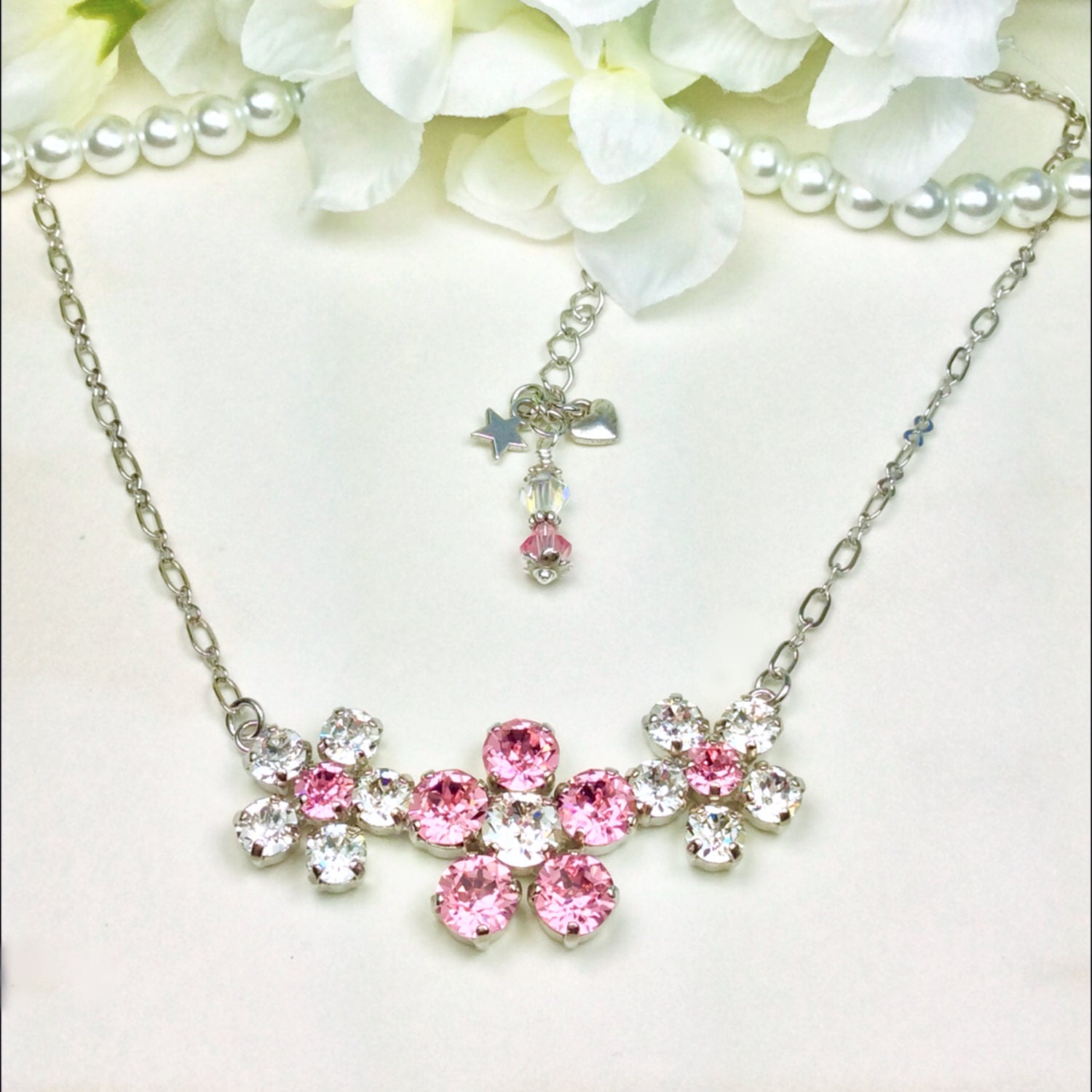 Swarovski Crystal Necklace - 8.5mm, 6mm - Lt.Rose and Clear Crystals -  Three Flower Pendant - Sparkle & Shimmer - FREE SHIPPING