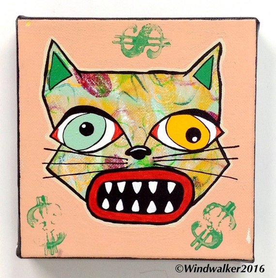 Outsider Folk Art Cat Painting Lucky Money Outsider