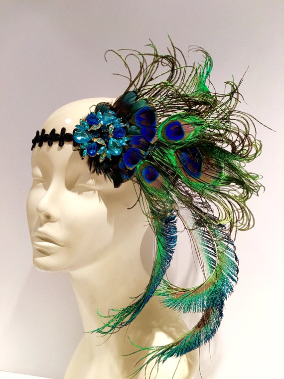 1920s Feather Headpiece Deco Peacock Headpiece Rhinestone