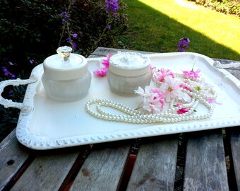 Vintage silver painted tray, Magnetic for use as memo board, antique white wedding decor, cottage chic serving tray, vanity display decor