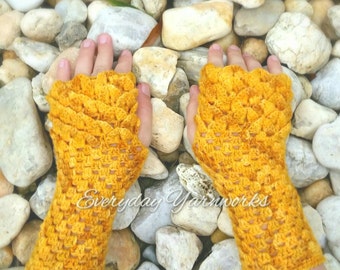 Crochet PATTERN - Dragonhart Mitts // Child L // Ladies S/M/L/XL Sport Weight // Fingering Weight // Dragon scale Fingerless Gloves