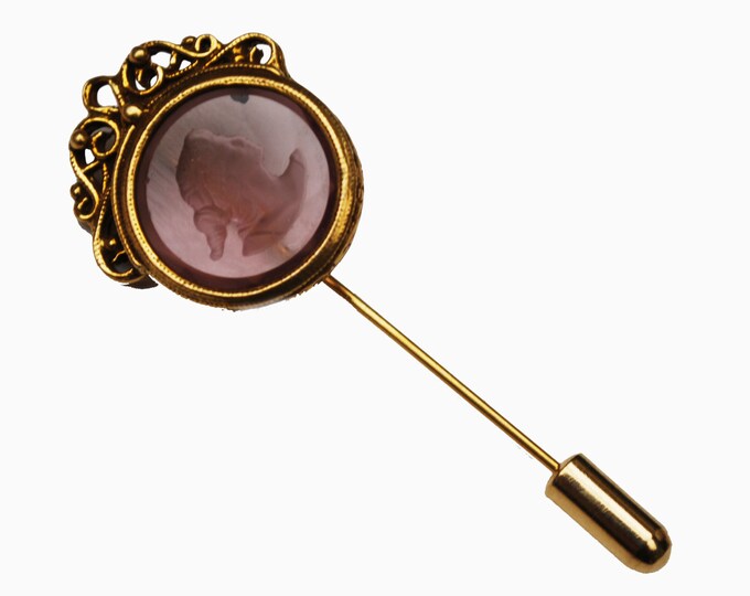 Cameo Stick pin carved Pink Glass Intaglio Cameo Victoria revival gold pin brooch