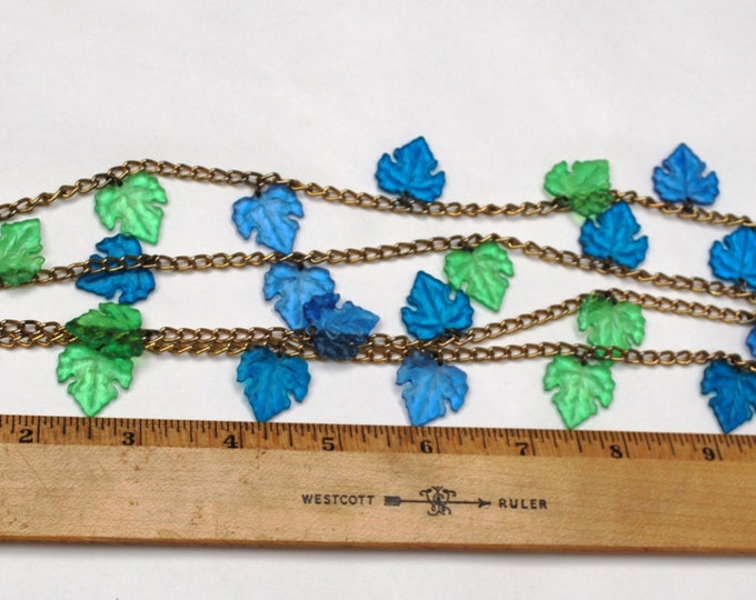 Blue Green Leaf Necklace Lucite grape leaf on gold tone chain