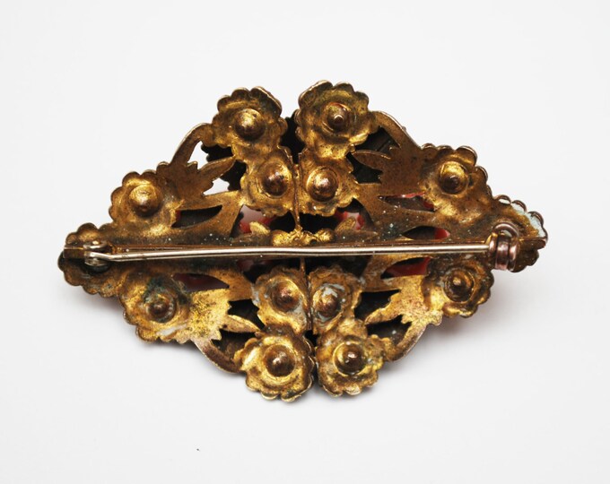 Coral celluloid flower Brooch Golden Brass leaf Art Nouveau Pin