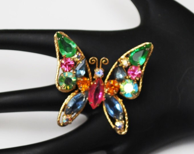 Butterfly Rhinestone Brooch - colorful open back crystal - Signed Kramer - Insect pin - Mid Century
