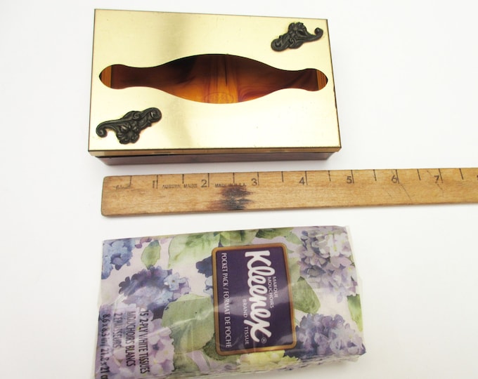 Tissue Box Tortoise shell Lucite Brass mini for pocket pack Kleenex Gold tone