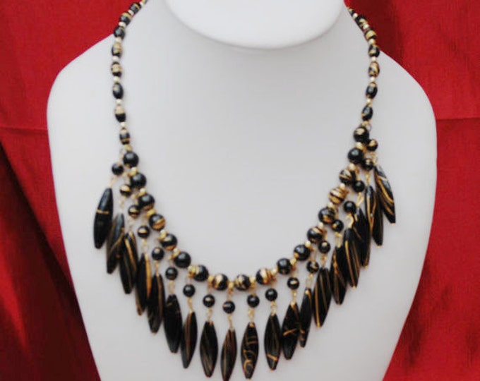 Black bead Bib Necklace - Gold Black Bead - Resin gold metal trim - Statement necklace