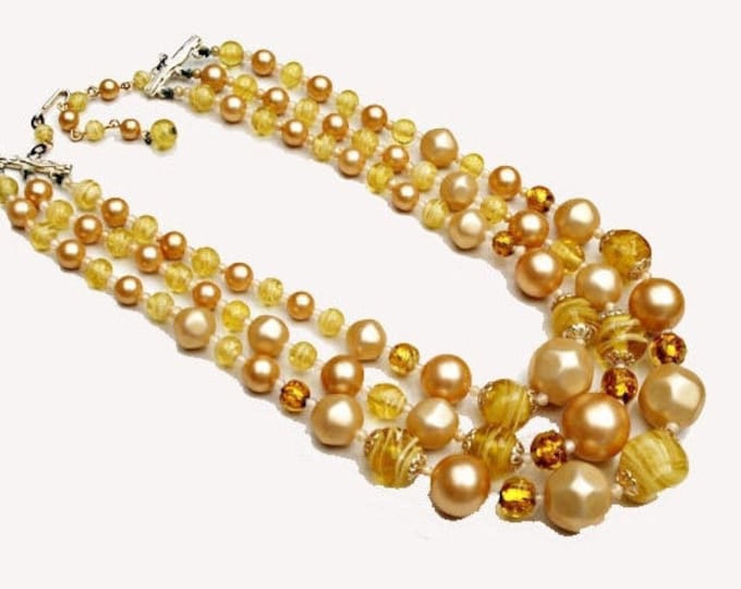 Triple Strand Bead necklace - Yellow cream Glass Beads - Signed Japan Vintage