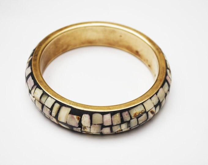 Mosaic Shell Brass Bangle - Boho white shell inlay Bracelet