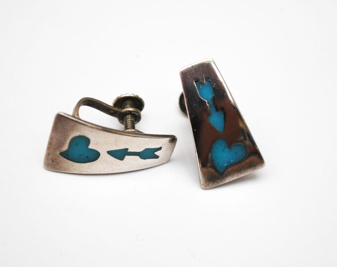 Sterling Earrings screw back Earrings with Turquoise Blue enamel inlay of an arrow and heart Tribal