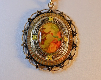 Picture Pendant Necklace Miniature Enamel Picture Pendant 22 Inch Twisted Rope Chain