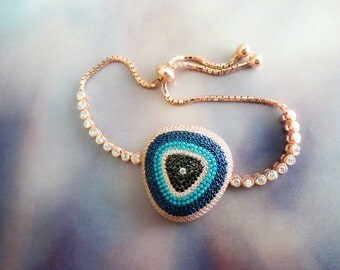 Evil eye tennis bracelet, sterling silver bracelet, turkish evil eye silver bracelet, rose evil eye bracelet, turkish lucky eye bracelet