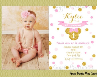 Pink and Gold Minnie Mouse Birthday invitations, Minnie Mouse Invitations, Gold and Pink Invitations, Baby Minnie Invitations