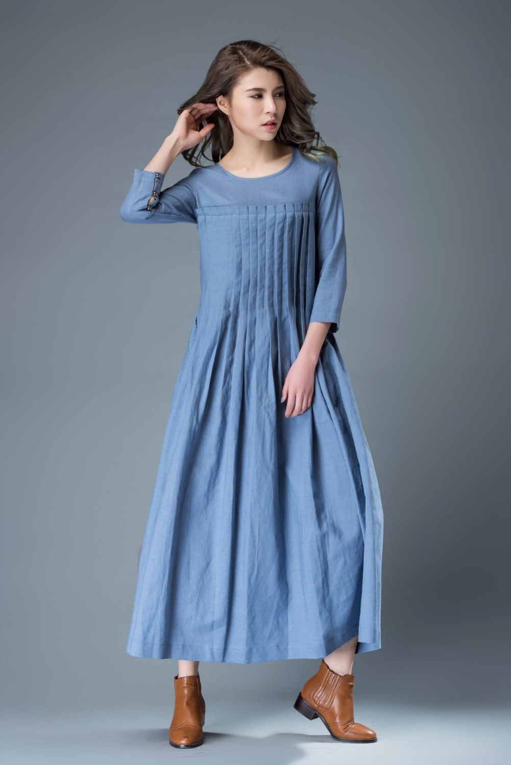 Blue Linen Dress Spring Blue Dress Maxi Dress C811