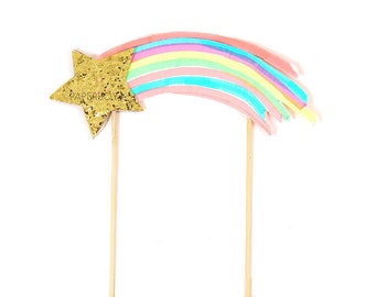 Cake topper, Rainbow cake topper, Shooting star cake topper, gold star cake, rainbow party, gold glitter, cake supplies, girls birthday
