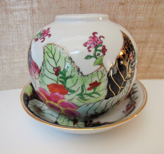 Items similar to Vintage Hand Painted Porcelain Vase and Bowl, Overjoy
