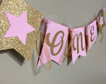 Twinkle Twinkle Little Star Banner - Birthday Banner - First Birthday High Chair Banner - Pink and Gold Glitter Birthday Star Party