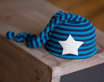 Newborn Hat, Newborn Boy Hat, Striped Newborn Hat with Star, Upcycled Newborn Hat, Newborn Photography Prop, Blue Striped Hat, Knot Hat, RTS