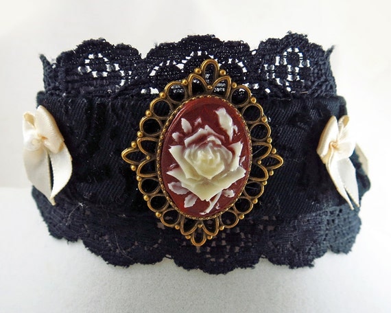 Red rose choker gothic black brocade bronze steampunk cameo necklace Victorian lolita fashion by LolitaPopShop steampunk buy now online
