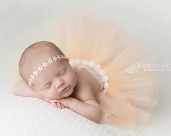 Soft peach flower wrap headband with tutu, infant photography, baby girls accessories, pearl head wrap, photo prop, vintage headband, girls