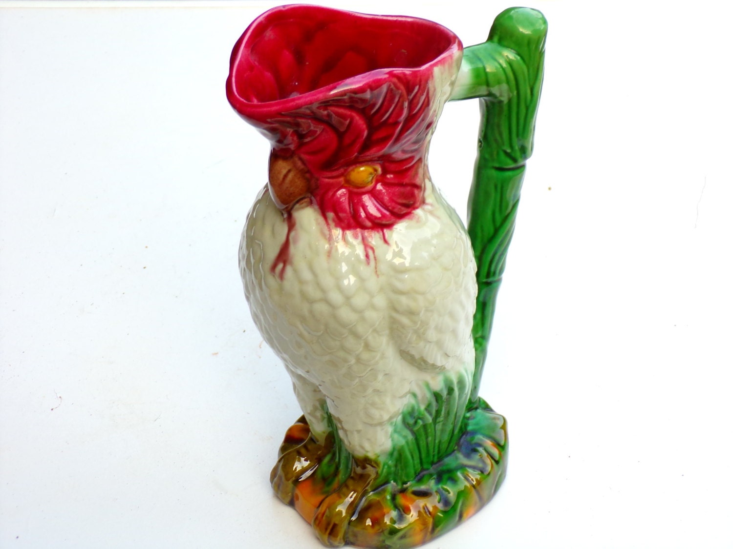 Vintage Majolica figural Parrot pitcher vase