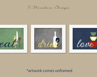 Kitchen Wall Art Print Set - Eat Drink Love - Kiwi Green, Grey, Denim Blue // Modern Kitchen Decor // Set of (3) Many Sizes // Unframed