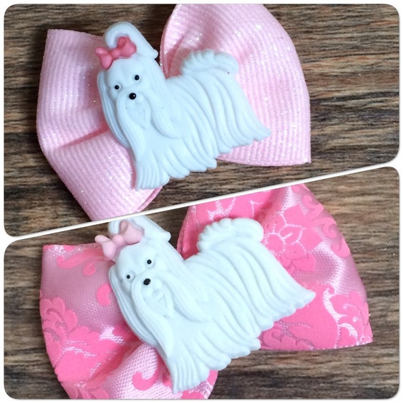 Pink Damask Maltese Hair BowMaltese Baby by TwinLoveCreations