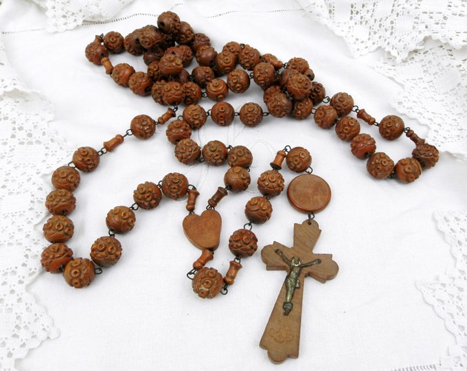 Antique Religious French Large and Long Rose Wood Rosary Carved Beads, French Decor, French, Vintage, Religion, Catholic Crucifix Jesus