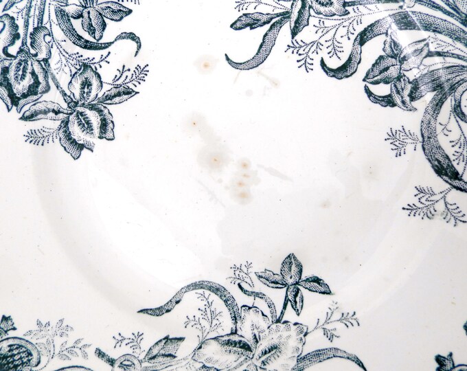 Antique French Ironware Terre de Fer St Amandinoise China Dinner Plate with Dark Blue Iris Pattern, Chateau Chic, French Country Decor