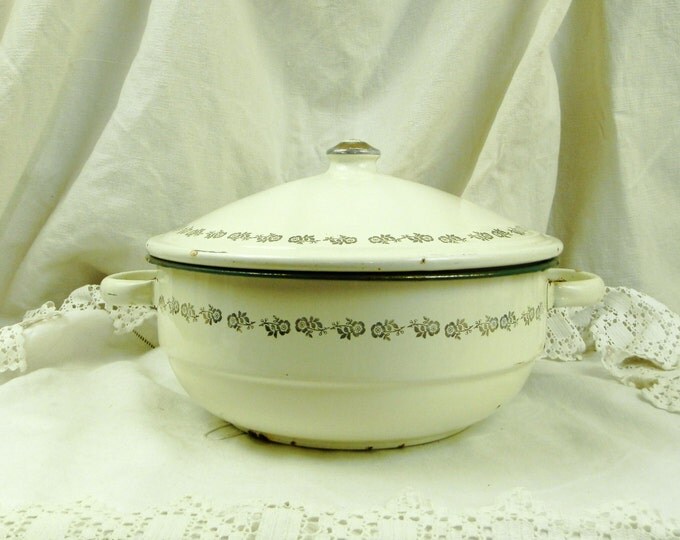 Large Antique French Off White Green & Gold Enamelware Lidded Vessel Pot Pan/ Retro Vintage Home Decor / Enamel / Cottage Kitchen Country