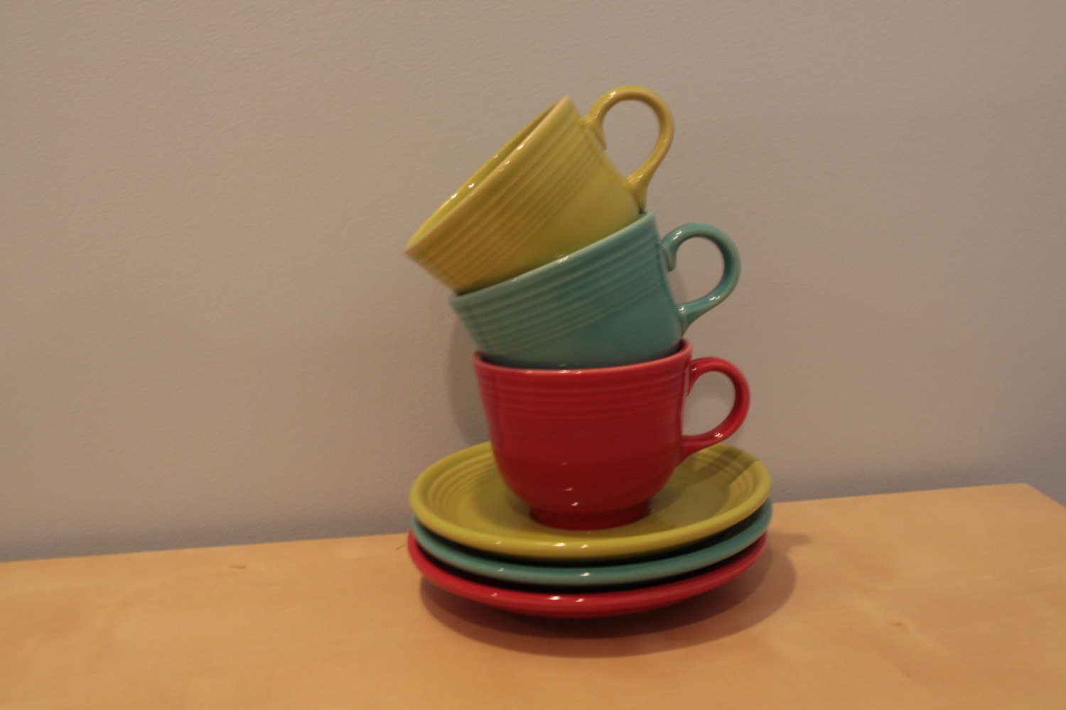 Vintage Fiesta Coffee Mugs and Saucers Red Green and