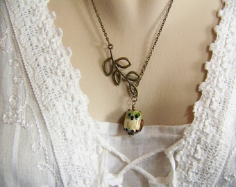 Owl Necklace, Brown Ceramic Owl, Lariat Owl Necklace, Handmade Owl Bead, Handpainted Owl Bead, Brown Owl, Owl Lariat Necklace, Barn Owl