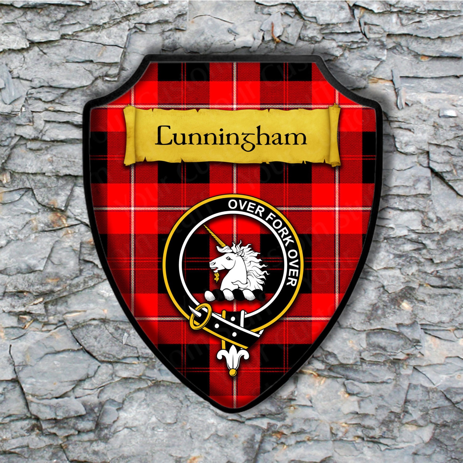 Cunningham Plaque with Scottish Clan Badge on Clan Tartan