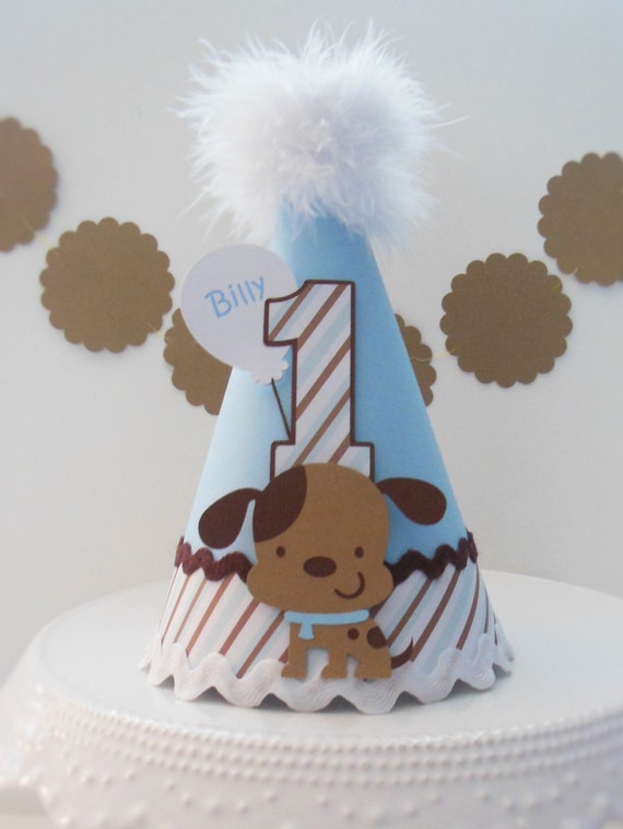 LAST OF DESIGN* Lil' Puppy Dog Party Hat Blue and Brown Striped