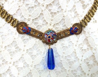 Enamel, Glass & Marcasite, Gold Filigree Bookchain Necklace
