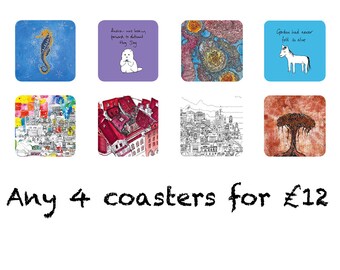 Any 4 Coasters For Just 12 Pounds - A Selection of Unique Arty And Funny Drinks Coasters