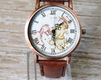 Leather Wrist Watch, World Map Watch, Woman Leather Watch, World Map Travel Gift Ideas, Man Leather Wrist Watch,Birthday Gifts, Teen Gift