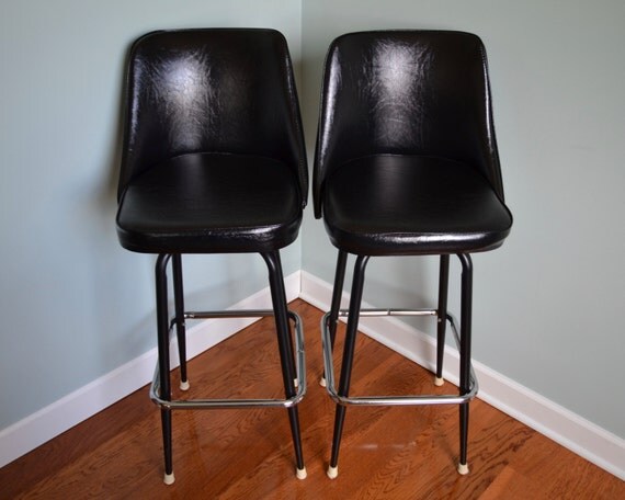 Vintage Black Vinyl Swiveling Bar Stools Set of 2