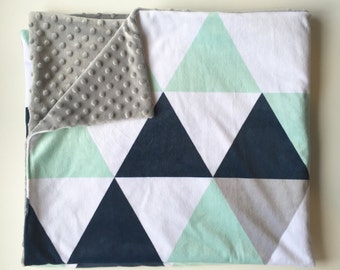 Navy mint grey triangles minky baby blanket - faux fur - boy nursery gender neutral baby boy - geometric - boy baby shower gift