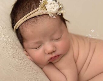 Beige Cream Baby Headband ,Nylon Elastic Cream Risette headband ,Newborn Ivory beige headband