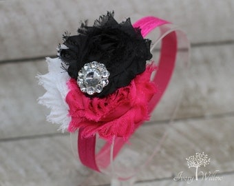 Hot Pink Headband - Hot Pink Black and White Headband - Three Flower Headband with Rhinestone Center - Baby Headband - Adult Headband