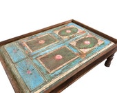 Antique Indian Blue Coffee Table Hand Carved Furniture Vintage Table